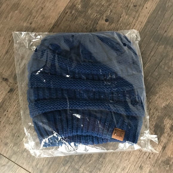Kyoot Klothing Accessories - Navy Ponytail Bun Beanie
